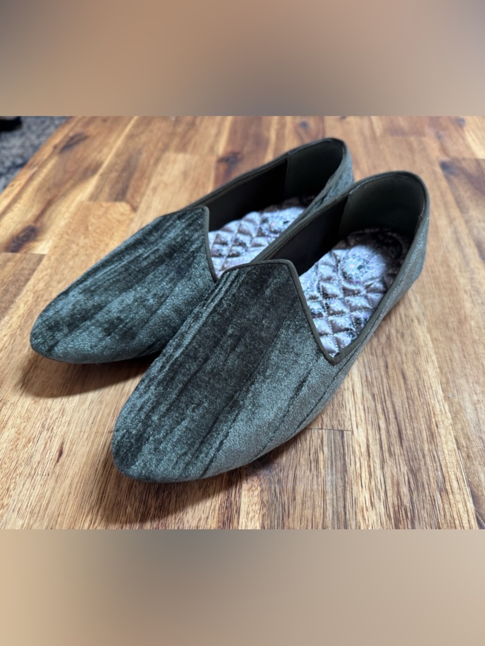 Birdies Velvet Slip-On Flats in Olive Green